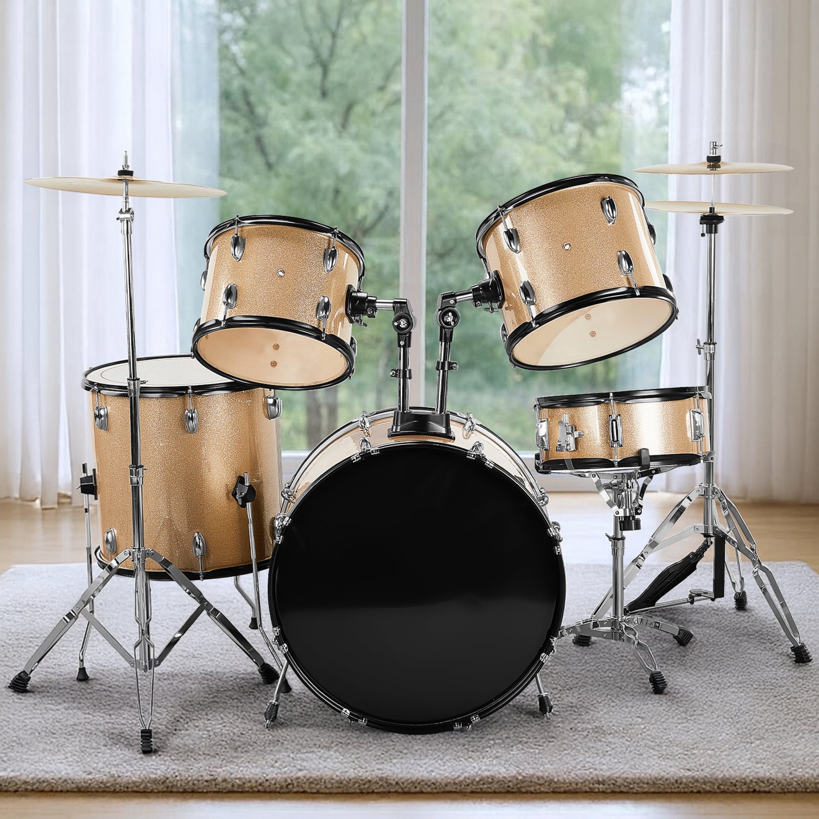 Champagne Full Size 5-Piece Adult Drum Set with cymbals and stool displayed in a bright indoor setting, ideal for home practice or studio use.