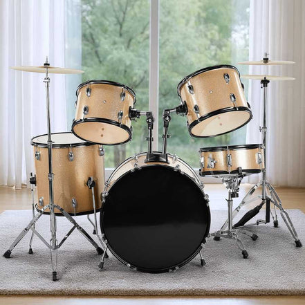 Champagne Full Size 5-Piece Adult Drum Set with cymbals and stool displayed in a bright indoor setting, ideal for home practice or studio use.