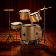 Full Size 5-Piece Adult Drum Set with cymbals and stool in champagne finish displayed on stage with red curtain backdrop, ideal for live shows.