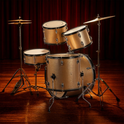 Full Size 5-Piece Adult Drum Set with cymbals and stool in champagne finish displayed on stage with red curtain backdrop, ideal for live shows.
