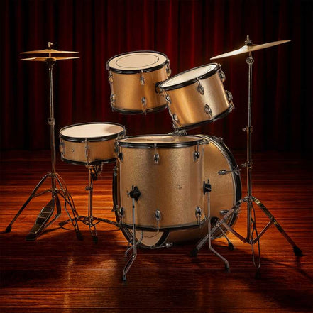 Full Size 5-Piece Adult Drum Set with cymbals and stool in champagne finish displayed on stage with red curtain backdrop, ideal for live shows.