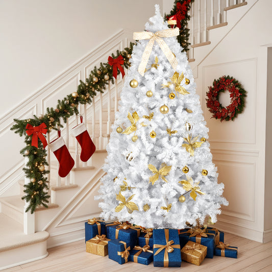 7.5 FT Artificial Christmas Tree with DIY 400 Warm White LED Lights, Hinged Xmas Pine Tree with Tree Skirt and Holiday Ornaments for Holiday Party Office Home, White Tree & Golden Decor Default Title