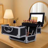 Portable aluminum makeup storage bag with mirror and cosmetics inside, placed on a wooden vanity. Durable and multifunctional design.