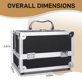 Compact aluminum makeup storage bag with dimensions 9.06 x 5.91 x 5.91 inches. Features reinforced corners and a secure handle.