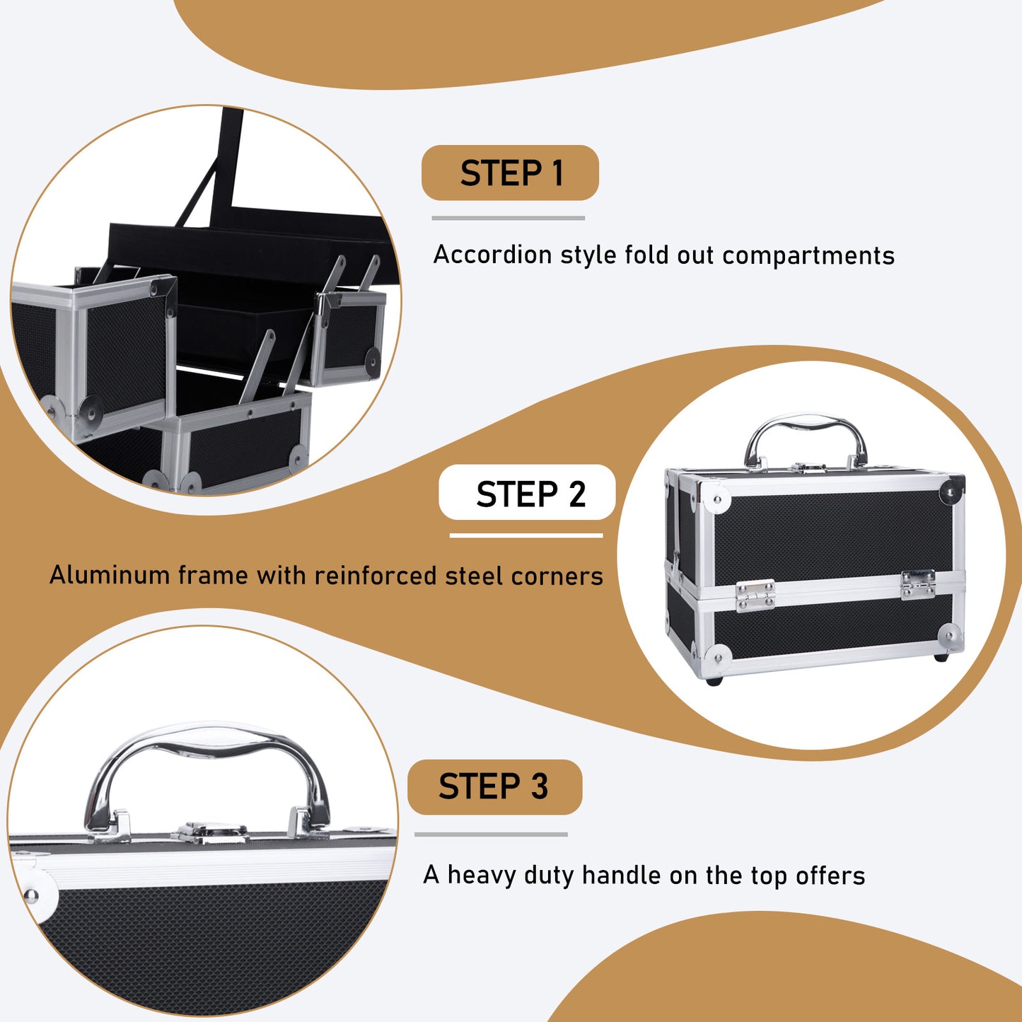 Step-by-step features of aluminum makeup storage bag including fold-out compartments, reinforced frame, and heavy-duty handle.