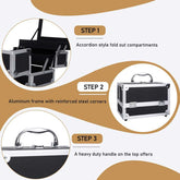 Step-by-step features of aluminum makeup storage bag including fold-out compartments, reinforced frame, and heavy-duty handle.