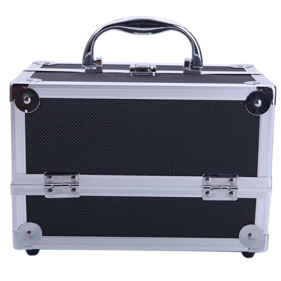 Front view of closed aluminum makeup storage bag with chrome handle and secure latches. Sleek and durable for travel or home use.