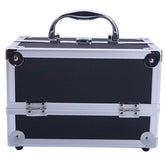 Front view of closed aluminum makeup storage bag with chrome handle and secure latches. Sleek and durable for travel or home use.