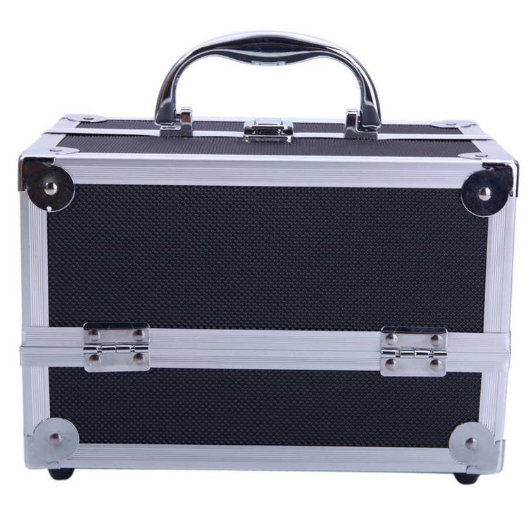 Front view of closed aluminum makeup storage bag with chrome handle and secure latches. Sleek and durable for travel or home use.