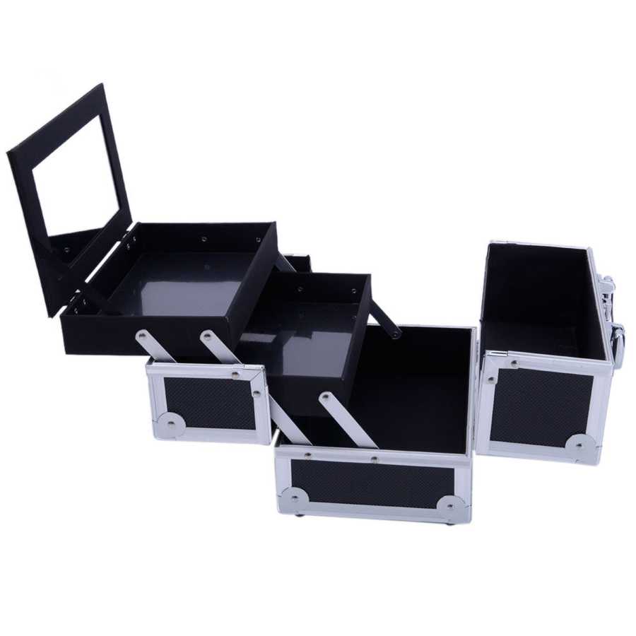 Fully opened aluminum makeup storage bag showing multiple compartments and built-in mirror. Ideal for organizing cosmetics efficiently.