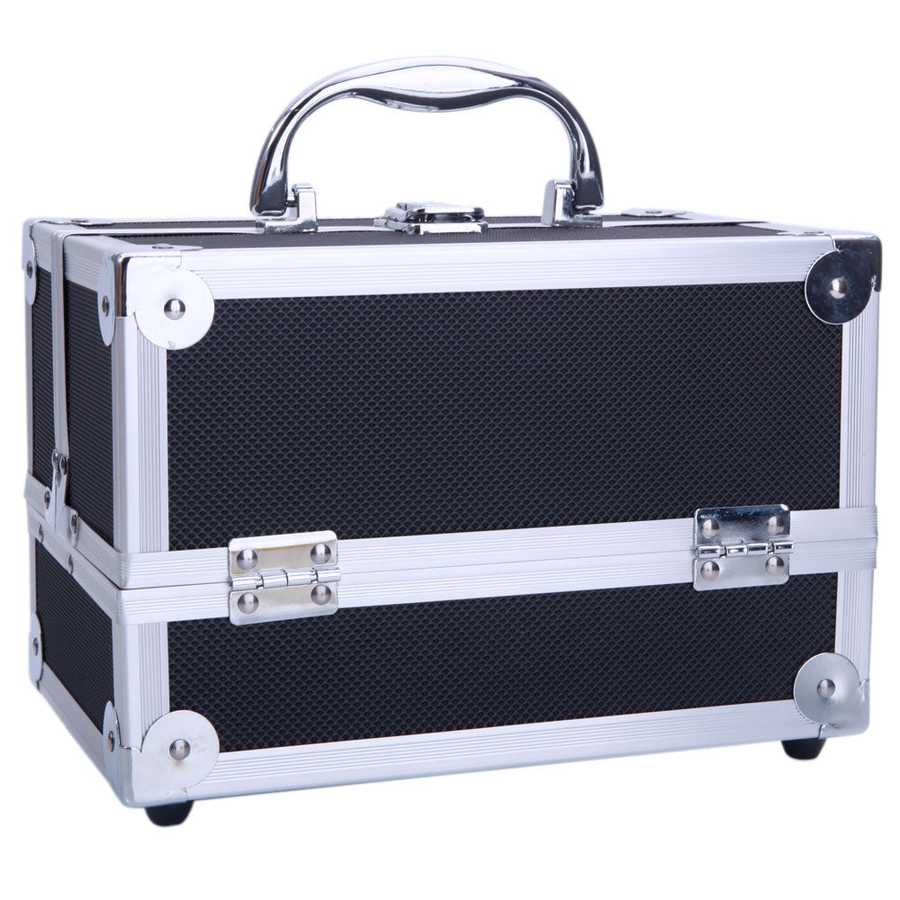 Angled view of aluminum makeup storage bag with reinforced steel corners and secure latches. Compact and stylish for everyday use.