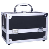 Angled view of aluminum makeup storage bag with reinforced steel corners and secure latches. Compact and stylish for everyday use.