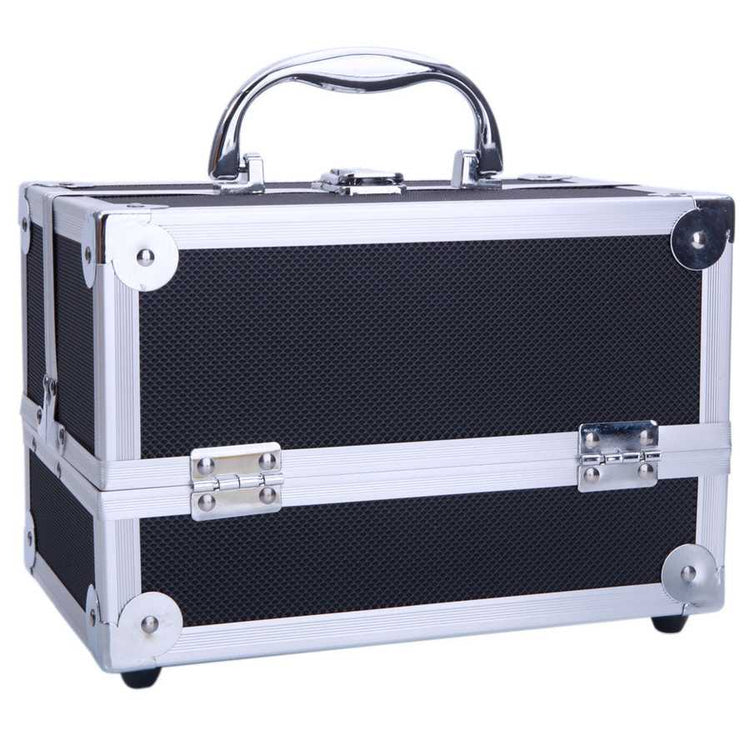 Angled view of aluminum makeup storage bag with reinforced steel corners and secure latches. Compact and stylish for everyday use.