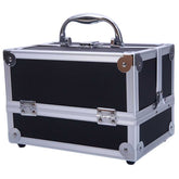 Side view of aluminum makeup storage bag with chrome handle and black textured panels. Durable and portable cosmetic organizer.