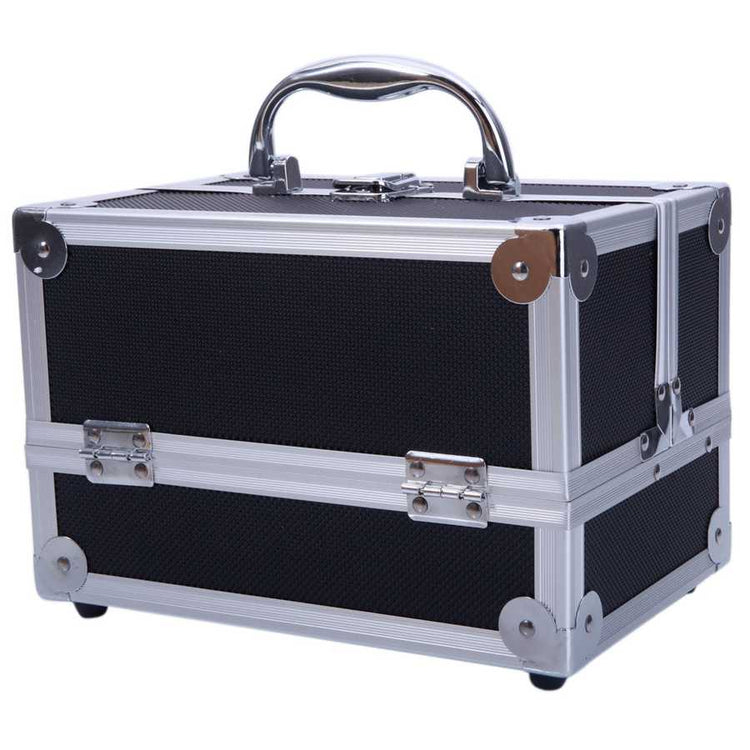 Side view of aluminum makeup storage bag with chrome handle and black textured panels. Durable and portable cosmetic organizer.