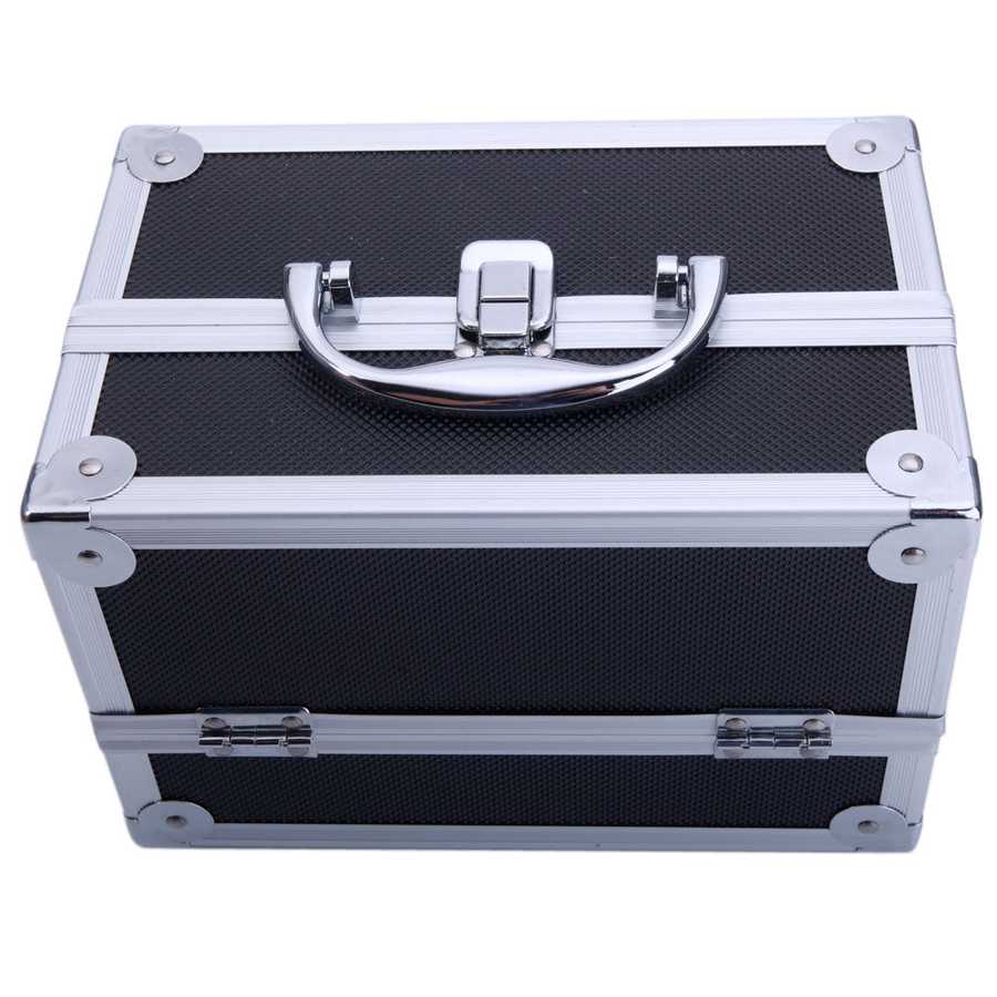 Top view of aluminum makeup storage bag showing chrome handle and secure locking mechanism. Ideal for secure cosmetic storage.