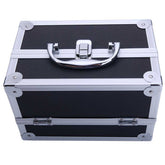 Top view of aluminum makeup storage bag showing chrome handle and secure locking mechanism. Ideal for secure cosmetic storage.