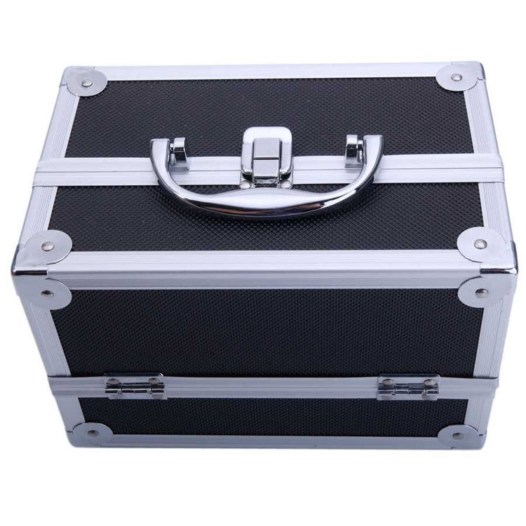 Top view of aluminum makeup storage bag showing chrome handle and secure locking mechanism. Ideal for secure cosmetic storage.