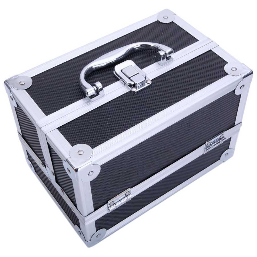 Angled top view of aluminum makeup storage bag with reinforced corners and textured finish. Perfect for travel and daily makeup organization.