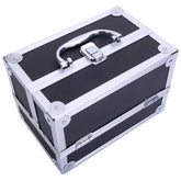 Angled top view of aluminum makeup storage bag with reinforced corners and textured finish. Perfect for travel and daily makeup organization.