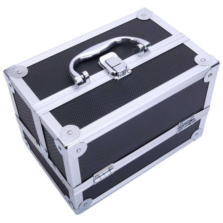 Angled top view of aluminum makeup storage bag with reinforced corners and textured finish. Perfect for travel and daily makeup organization.