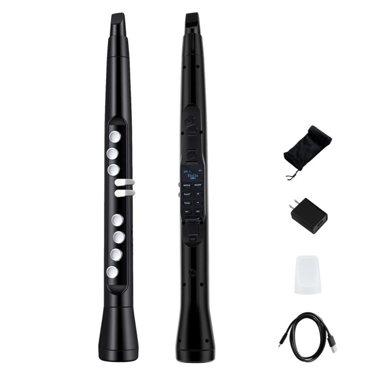 Buy Portable Wireless MIDI Saxophone with 100 tones and 3W speaker, shown front and back with accessories including charger, cable, and mouthpiece.