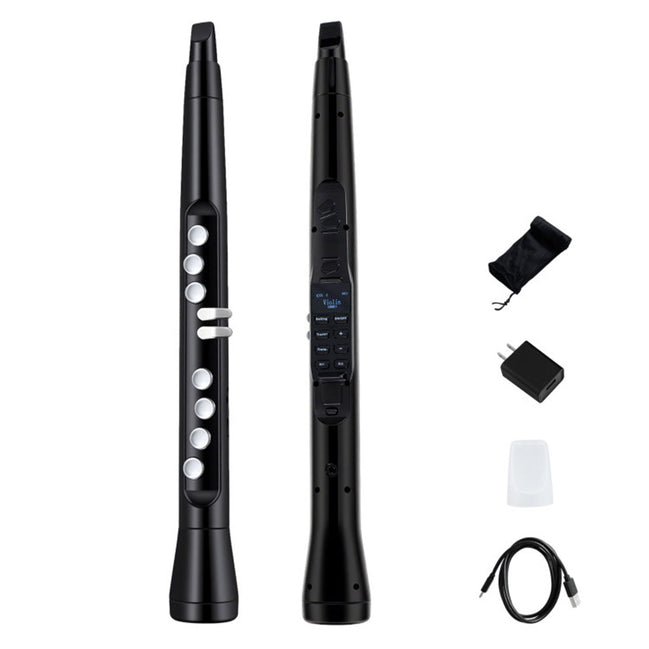 Buy Portable Wireless MIDI Saxophone with 100 tones and 3W speaker, shown front and back with accessories including charger, cable, and mouthpiece.