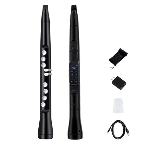 Buy Portable Wireless MIDI Saxophone with 100 tones and 3W speaker, shown front and back with accessories including charger, cable, and mouthpiece.