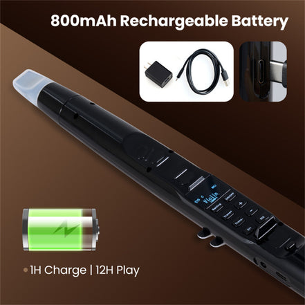 Close-up of Portable Wireless MIDI Saxophone highlighting 800mAh rechargeable battery with 12-hour playtime and USB-C charging port.