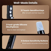Highlighted features of Portable Wireless MIDI Saxophone include 13 touch-sensitive keys, silicone mouthpieces, and octave sensitivity buttons.