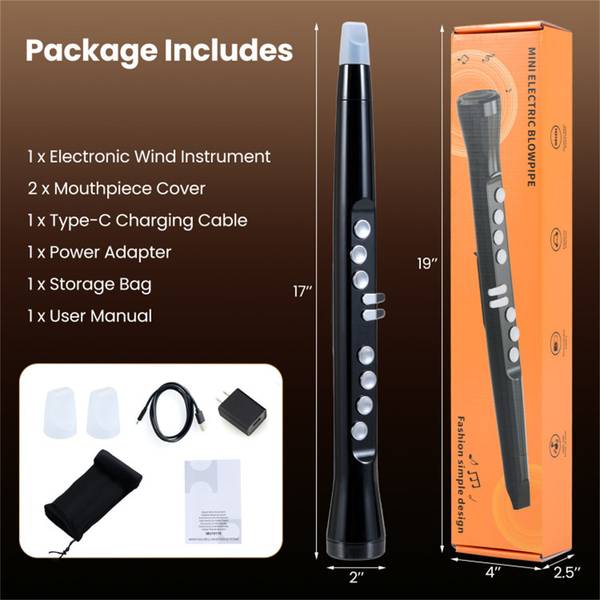 Complete package of Portable Wireless MIDI Saxophone includes wind instrument, mouthpieces, charger, cable, storage bag, and user manual.