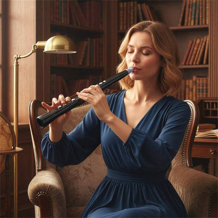 Woman playing Portable Wireless MIDI Saxophone in elegant room setting, showcasing its realistic feel and ease of use for musicians.