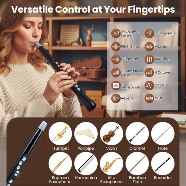 Versatile control features of Portable Wireless MIDI Saxophone include 100 tones, 32 sensitivity levels, and multiple instrument emulations.