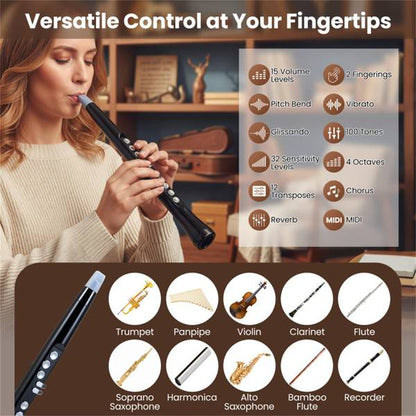 Versatile control features of Portable Wireless MIDI Saxophone include 100 tones, 32 sensitivity levels, and multiple instrument emulations.