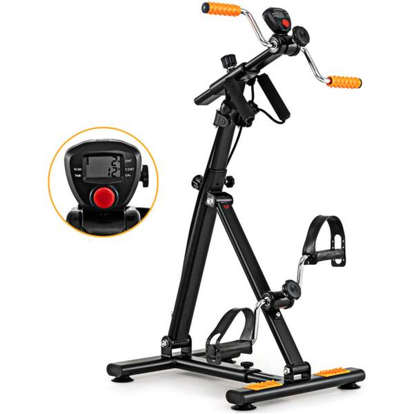 Senior Fitness Machine with LCD monitor, hand grips, and foot pedals designed for full-body workouts and massage. Compact and adjustable for home use.