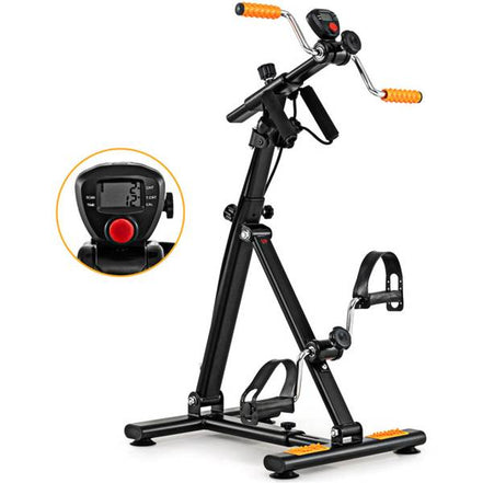 Senior Fitness Machine with LCD monitor, hand grips, and foot pedals designed for full-body workouts and massage. Compact and adjustable for home use.
