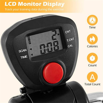 Close-up of LCD monitor on Senior Fitness Machine showing time, calories, and count metrics. Helps track full-body workout progress at home.