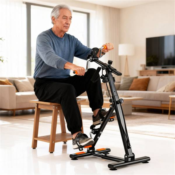 Elderly man using Multi-Functional Senior Fitness Machine at home. Ideal for seated full-body workouts with adjustable resistance and massage.