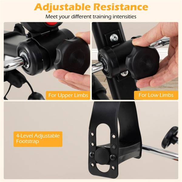 Adjustable resistance knobs and foot straps on Senior Fitness Machine. Separate controls for upper and lower limbs to vary workout intensity.