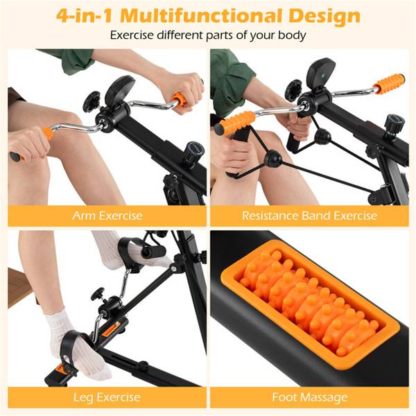 4-in-1 Multi-Functional Senior Fitness Machine showing arm, leg, resistance band, and foot massage features. Designed for full-body home workouts.