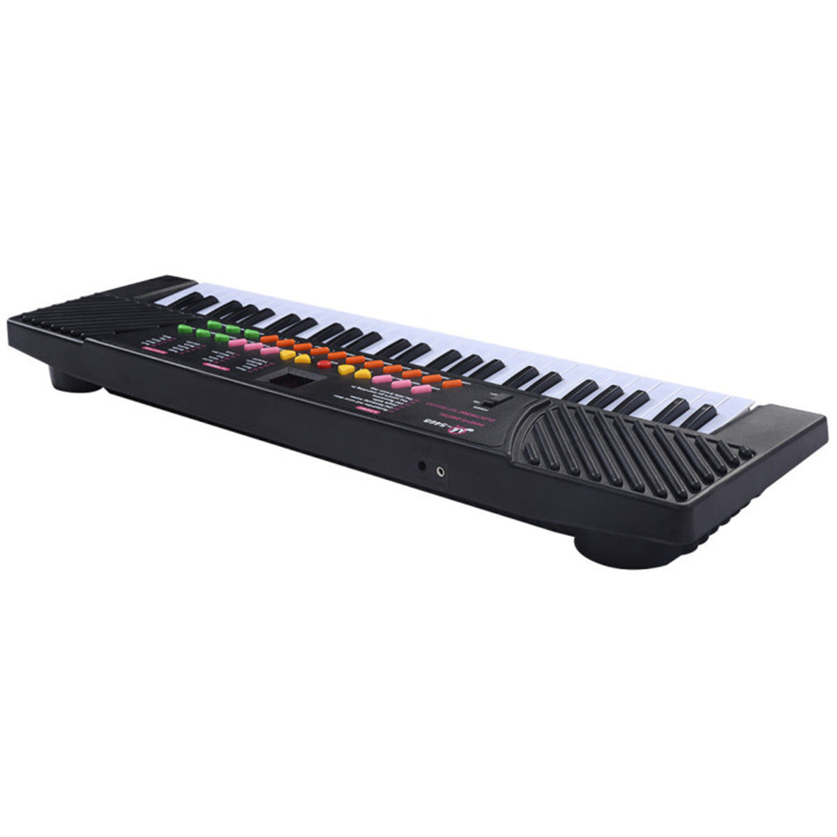 Rear angled view of 54-Key Electronic Keyboard for Kids showing speaker design and slim profile for portability.