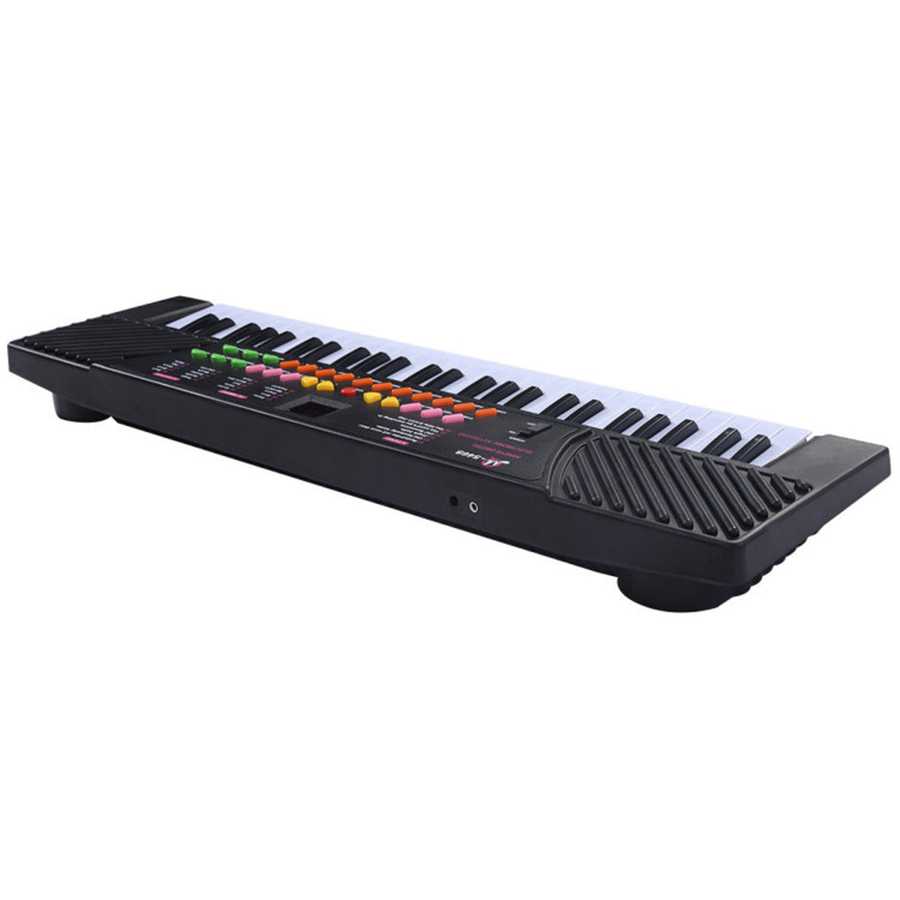 Rear angled view of 54-Key Electronic Keyboard for Kids showing speaker design and slim profile for portability.