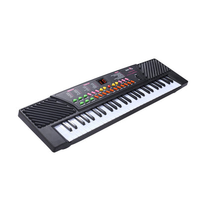 Angled view of 54-Key Electronic Keyboard for Kids featuring colorful function buttons and built-in speakers.