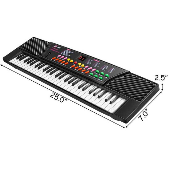 54-Key Electronic Keyboard for Kids measuring 25x7x2.5 inches, perfect size for young beginners in music education.