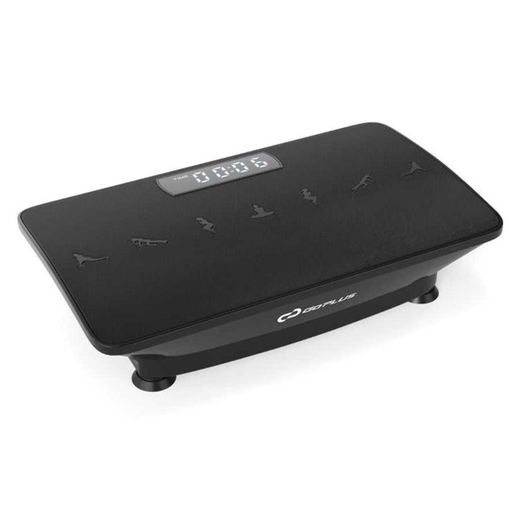 Close-up of black vibration plate exercise machine with digital display and control buttons