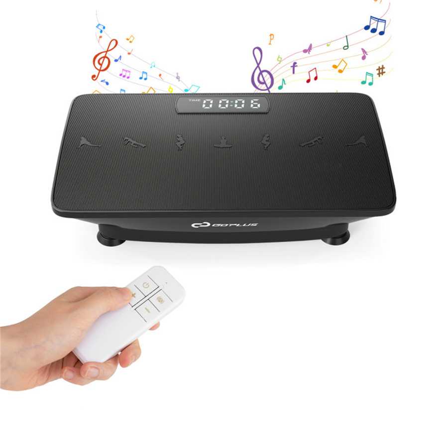 Black vibration plate exercise machine with remote control and musical notes