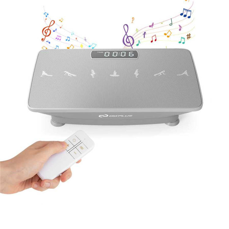 Woman using gray vibration plate with Bluetooth connection for music