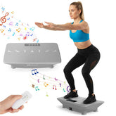 Woman exercising on gray full body vibration plate with remote control and colorful musical notes