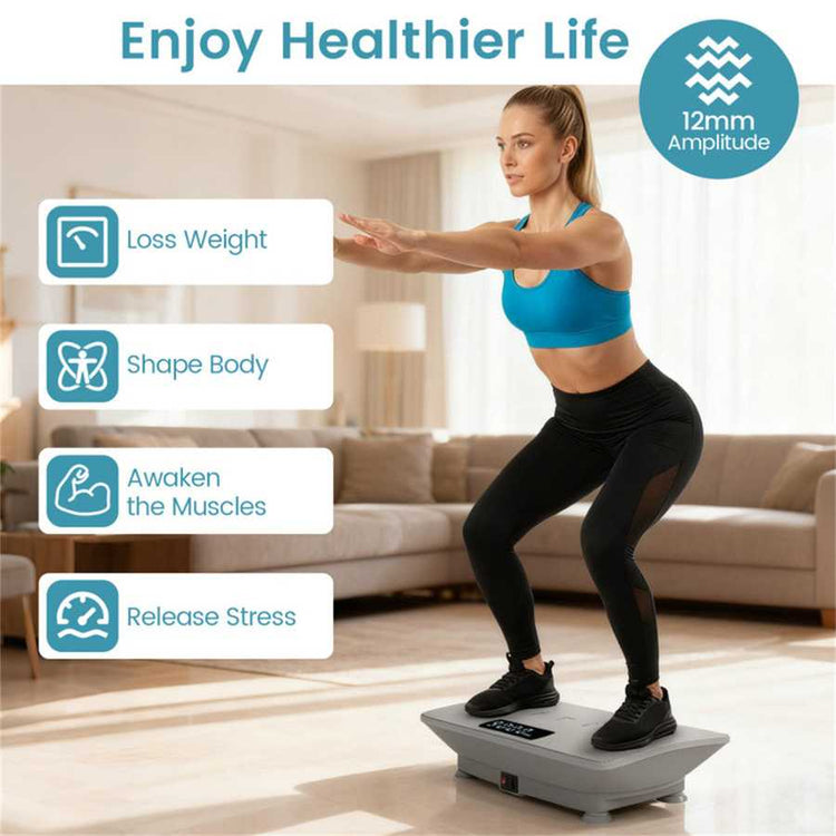 Person using vibration plate for fitness and muscle activation at home