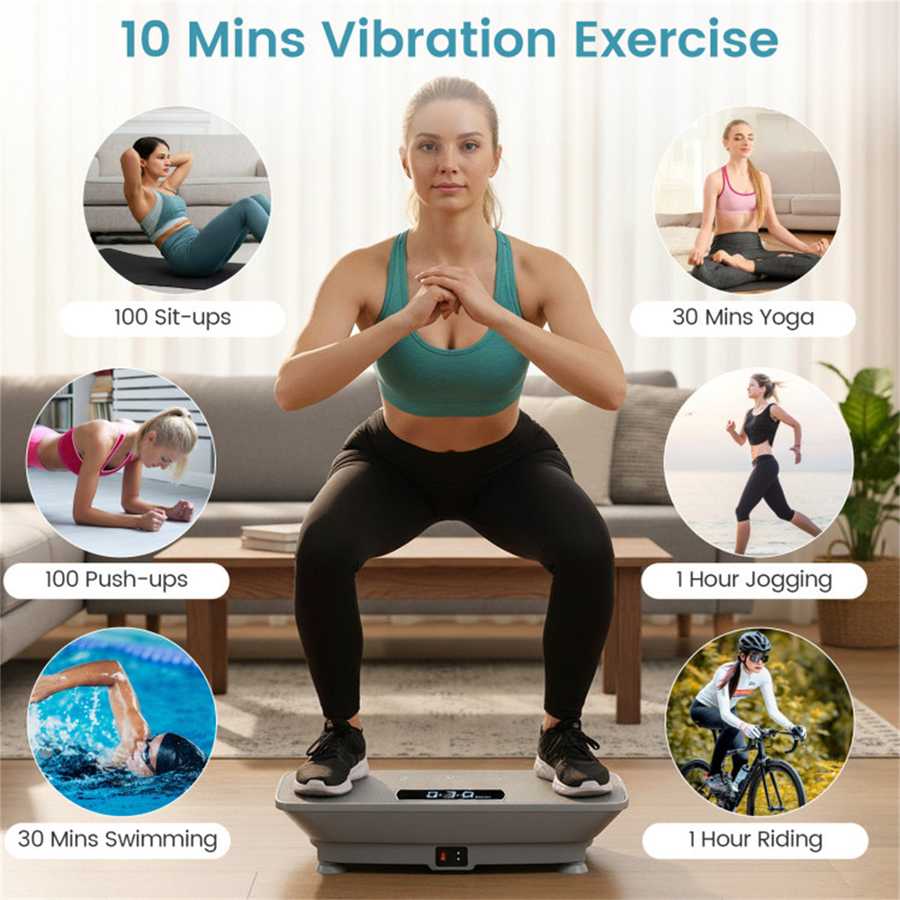 Close-up of gray vibration plate with digital display and control buttons
